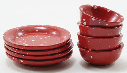 Dollhouse Miniature Red Enamel Dishes, 8Pc